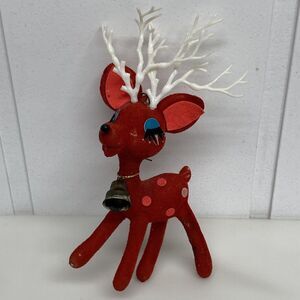 Vtg Red Flocked Reindeer With Branch Antlers Ornament Plastic Christmas - READ